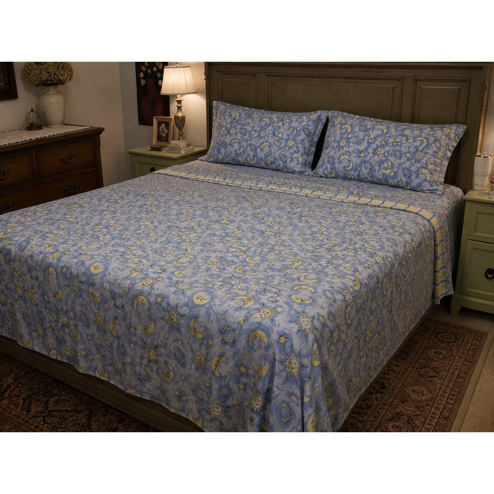 Vintage Jubilee Celestial Sun Moon Flannel Sheet Set king Cotton Blue Y2K 4pc